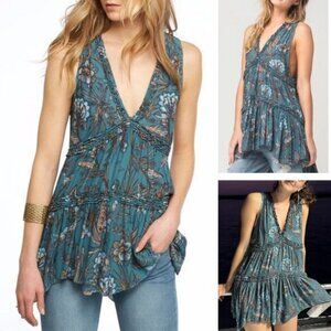 FREE PEOPLE Purple Haze Tiered Floral Tunic In Teal Size Small